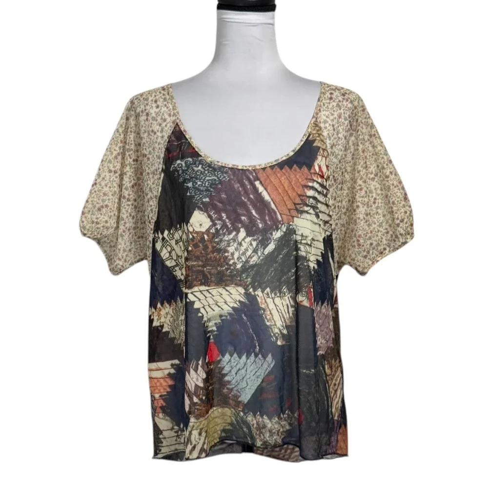 Denim & Supply Ralph Lauren Patchwork Sheer Mesh Top Western Cottage Boho Size M